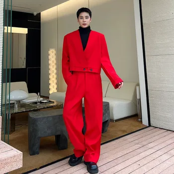 Мужские блейзеры SYUHGFA Elgance, мода 2023, новая стильная одежда, Корейский роскошный Красный костюм с V-образным вырезом, пальто, трендовый Мужской деловой костюм