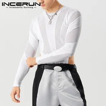 Мужские боди INCERUN, сетчатый лоскутный прозрачный комбинезон с круглым вырезом и длинными рукавами, футболки, Обтягивающая уличная одежда, осеннее мужское боди 2023