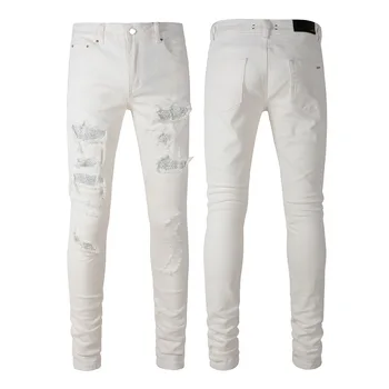 Мужские джинсовые винтажные длинные эластичные брюки с высокой посадкой, Обтягивающие, с бриллиантами, выдалбливают Белую уличную одежду в стиле хип-хоп, повседневную