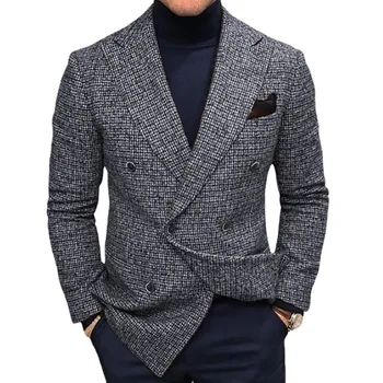 Мужской классический пиджак в европейском и американском стиле, однотонная клетчатая куртка в стиле ретро с двумя пуговицами, деловая повседневная куртка для вечеринок