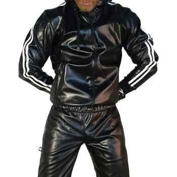 Мужской кожаный костюм из двух предметов с капюшоном и длинным рукавом, черный спортивный костюм Autnmn, новая одежда для мужчин