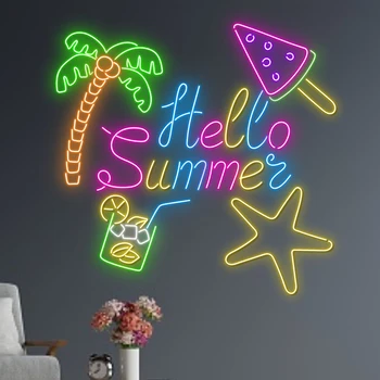 Неоновая вывеска Hello Summer Со светодиодной подсветкой для мороженого, коктейлей, декоративных вывесок, летних каникул, Новоселья, неонового света с видом на пляж