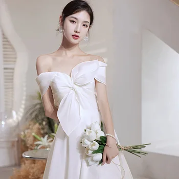 Новое белое свадебное платье 2023 года, платья знаменитостей длиной до пола с вырезом лодочкой во французском стиле, простое тонкое банкетное платье на шнуровке