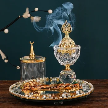 Новое украшение для дома, Круглая Хрустальная Золотая Ароматерапевтическая плита, Набор арабских курильниц для благовоний из трех частей.