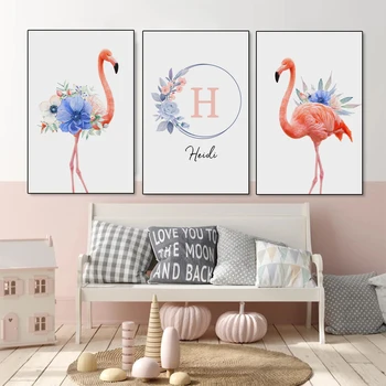 Плакаты с именами цветов Фламинго и принты с изображением животных, плакат на холсте в скандинавском стиле, современное украшение детской комнаты
