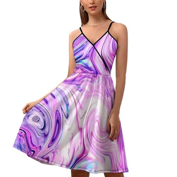 Платье из водяного мрамора Фиолетово-синее Эстетичное повседневное платье Летние платья на заказ с открытыми плечами Сексуальная одежда большого размера