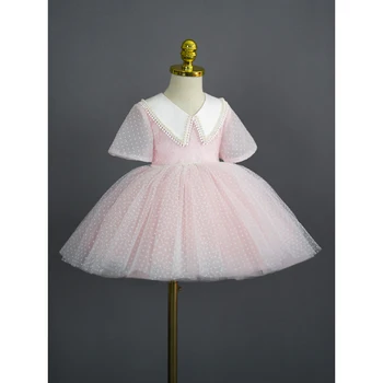Платье с цветочным узором для девочек, Детский отложной воротник, длина до колен, платья для выступлений на соревнованиях, многослойное бальное платье из тюля, расшитое бисером
