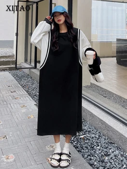 Повседневное платье в стиле пэчворк XITAO, женское платье в корейском стиле, осень 2023, новое поступление, индивидуальное модное свободное платье с круглым вырезом и длинными рукавами HQQ1390