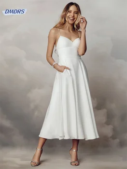 Простое свадебное платье на тонких бретельках чайной длины, пляжное свадебное платье А-силуэта с V-образным вырезом, романтическое Vestidos De Novia