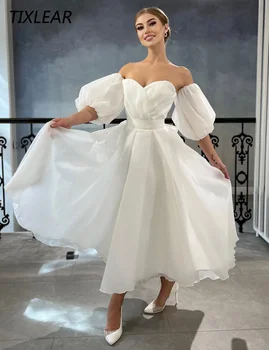 Простые Шифоновые свадебные платья TIXLEAR с пышными рукавами и открытой спиной, свадебное платье на шнуровке Чайной длины Vestidos De Noiva