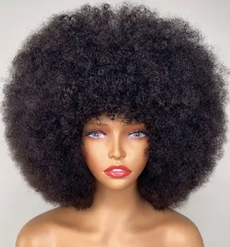 Пушистый Афро-Кудрявый парик из человеческих волос с густой челкой, натуральные короткие парики-бобы для чернокожих женщин, 6-12-дюймовые машинные волосы
