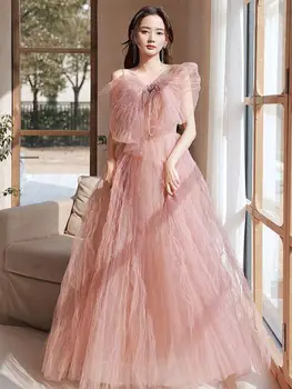 Розовое вечернее платье 2023, Новое осеннее банкетное платье трапециевидной формы на бретельках, Пышные платья с французским бантом длиной до пола