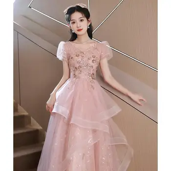 Розовое платье для выпускного вечера, квадратный воротник, аппликации из бисера, длинное платье из тюля, модные Женские банкетные вечерние бальные платья