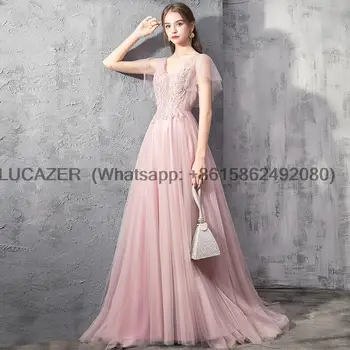 Розовые вечерние платья 2023, Новые элегантные кружевные аппликации трапециевидной формы с V-образным вырезом, Длинное вечернее платье для выпускного вечера, Vestidos De Noche