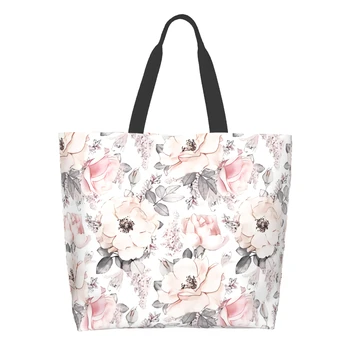 Розовые цветы и листья Очень Большая продуктовая сумка с цветочным рисунком Многоразовая сумка-тоут для покупок, путешествий, хранения, легкая сумка через плечо