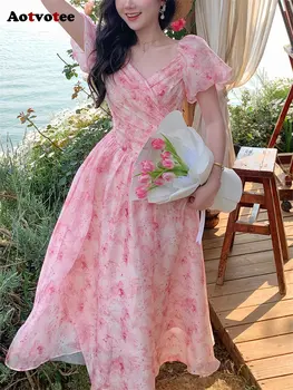 Роскошное женское платье Миди с цветочным рисунком 2023, Новое Модное Элегантное летнее платье с V-образным вырезом и пышными рукавами Fairycore, платья с высокой талией
