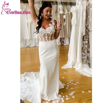 Свадебное платье в стиле бохо для женщин, элегантное свадебное платье в стиле русалки, Атласное кружевное пляжное свадебное платье в стиле милой русалки