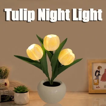 Светодиодная настольная лампа в виде тюльпана, портативный ночник с имитацией цветка, прикроватная лампа на батарейках, подарок для спальни, офиса, кафе, декора.