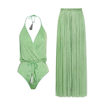 Сплошной зеленый купальник с оборками на шее, женский 2023, комплект бикини пуш-ап из двух частей, купальники-монокини с низкой талией, купальные костюмы