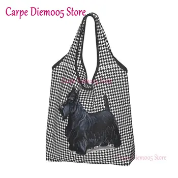 Сумки для покупок в стиле шотландского терьера в клетку, женские портативные сумки для покупок в продуктовых магазинах большой емкости для домашних животных, сумки для покупок для собак