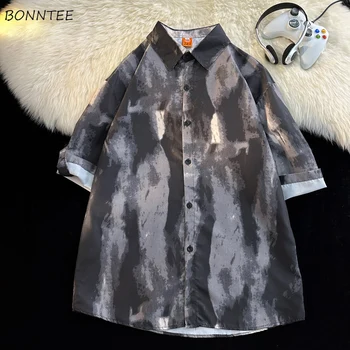 Черный Галстук-Краситель Рубашки Мужские M-3XL Подростковая Мода Y2k Одежда Летняя Рубашки Американский Шик Уличная Дизайнерская Тонкая Дышащая Универсальная