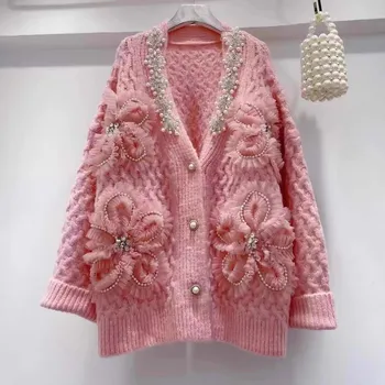 Шикарный винтажный вязаный кардиган с объемным 3D-цветком, милое пальто на пуговицах с V-образным вырезом и длинным рукавом, осенний свитер Y2K Aesthetics