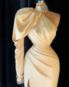 Элегантное бежевое платье русалки на одно плечо от Haute Couture, атласное вечернее платье с длинным рукавом и высоким разрезом, вечернее платье для вечеринки